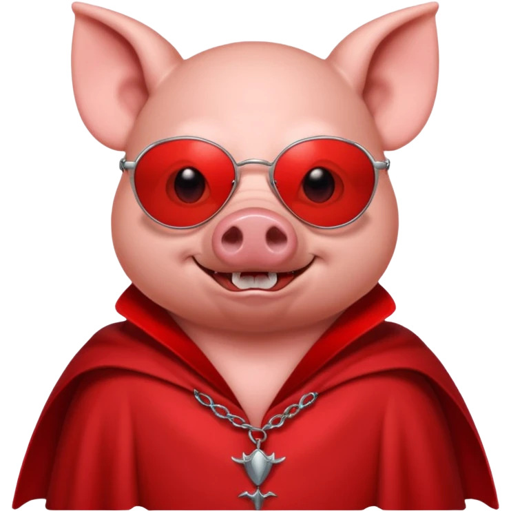Vampire animal, pig in red collar cloak, red eye, fangs, sunglasses emoji