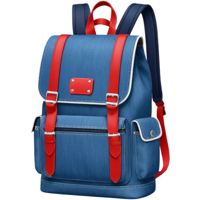 Minimalist emoji-style icon of a stylish blue denim backpack with a flap top, two vertical black buckle straps, a large red-white-navy horizontal block in the center, and two zipper side pockets. Inspired by Tommy Jeans design. Front view, cartoon-like, clean design.

 emoji