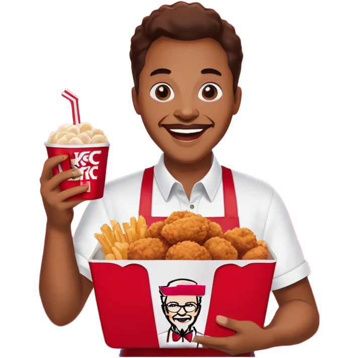 Create an emoji of a person holding a KFC meal with the phrase 'Absolute Cinema' in bold text. The person should look excited, as if they're enjoying the best meal ever. Use vibrant colors and a fun, expressive style."Remove the cup from the image and replace it with empty space. Keep the person holding the KFC meal with a happy expression. Add the phrase 'Absolute Cinema' in bold text, making sure it is clearly visible and well-integrated into the design." emoji