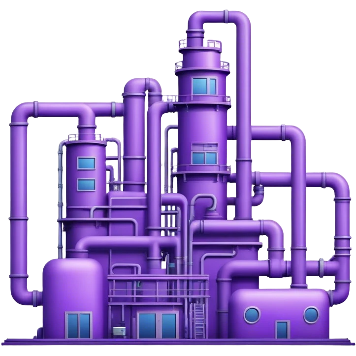 AI-powered factory. It should be a building with pipes. Add violet glowing symbolizing power of AI emoji