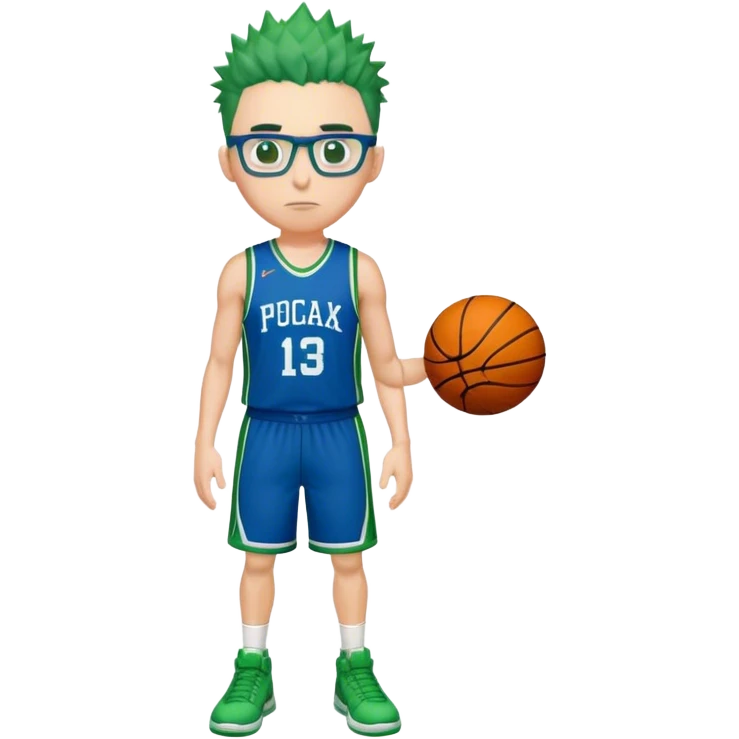 Full Body overweight white male with dark short spike hair basketball player wearing glasses wearing blue green uniform emoji