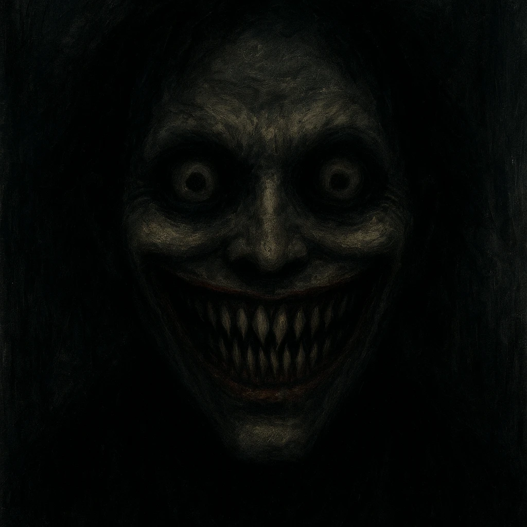 scary happy face, horror-inspired, sharp teeth, unsettling eyes, dark color palette, eerie and unsettling atmosphere emoji