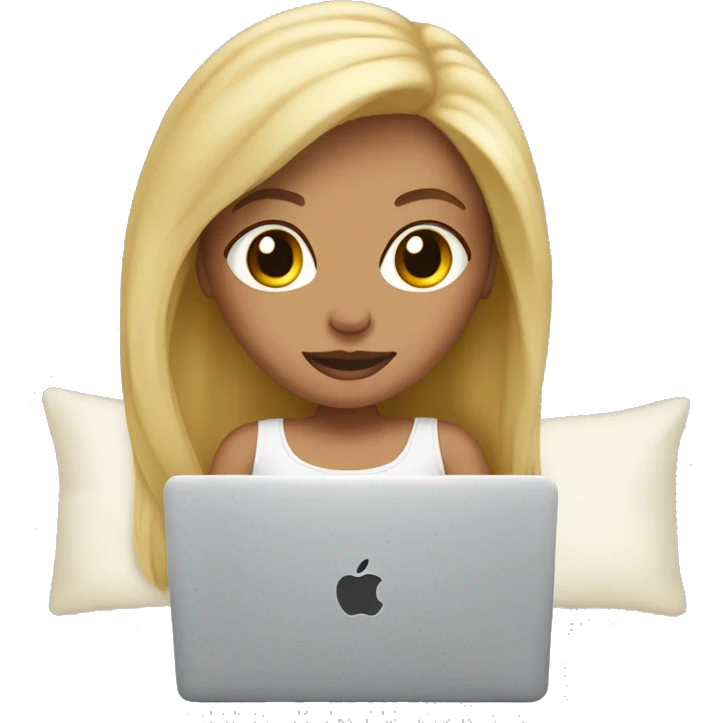 blonde girl using macbook in bed emoji
