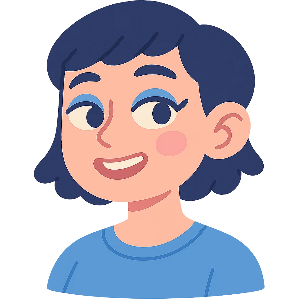 profile picture of a 22-year-old girl with short hair, cool tone makeup, blue shirt, pastel toon style emoji