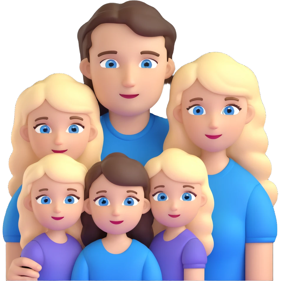 Family portrait with father with dark brown hair and blue eyes, mother with light brown hair and blue eyes, three blonde little girls with blue eyes emoji