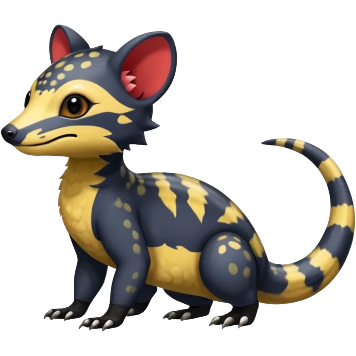 Rare warm-colored exotic cute epic aesthetic colorful Salandit-Civet-species-Fakemon-hybrid-creature, with markings, full body emoji