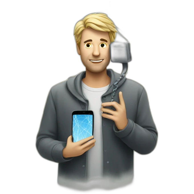 man with a mobile phone covered with cobweb emoji
