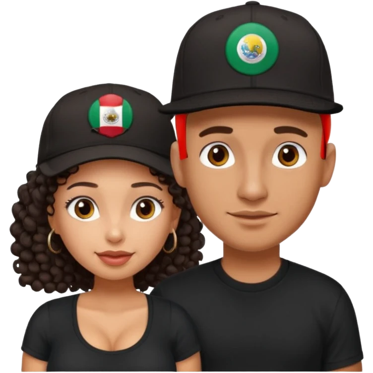 A picture of a cute tanned couple. the man is Mexican, with a bald hair cut wearing a SnapBack hat and a black shirt. the woman is mixed, she has curly longer dark brown hair, wearing no hat, and with big boobs  emoji