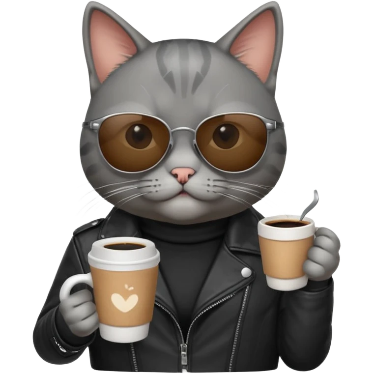 Gray cat, wearing sunglasses, leather black jacket, holding coffee mug emoji