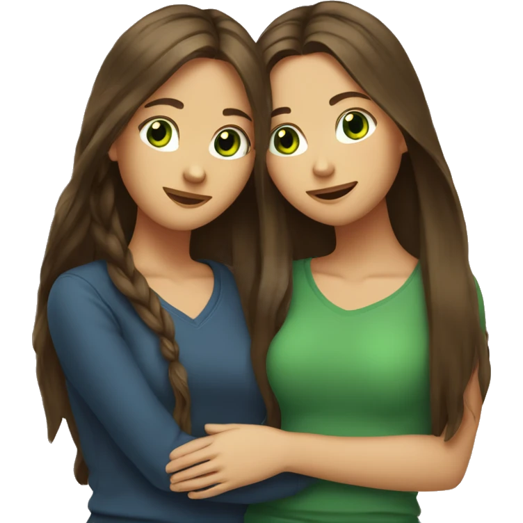 Two brunette best friends hugging one with long hair one with long hair girs and  green eyes emoji