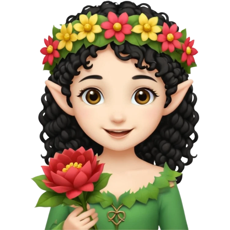 tiny Elf with Flower Crown, curley hair black, with flower bouquet emoji