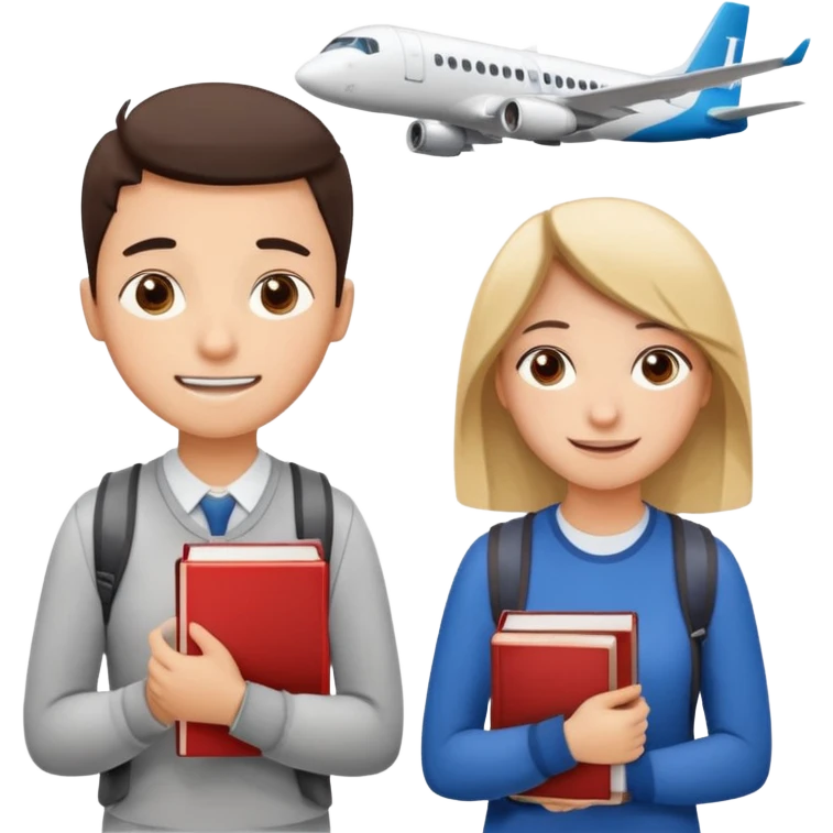 Create two emoji characters.

Left: a stressed, sad student preparing for IELTS, holding books and coffee, tired face, exam stress.

Right: a happy confident student after IELTS, traveling abroad, airplane, university, freedom, smiling.

Style: emoji, clean, simple, white background. emoji