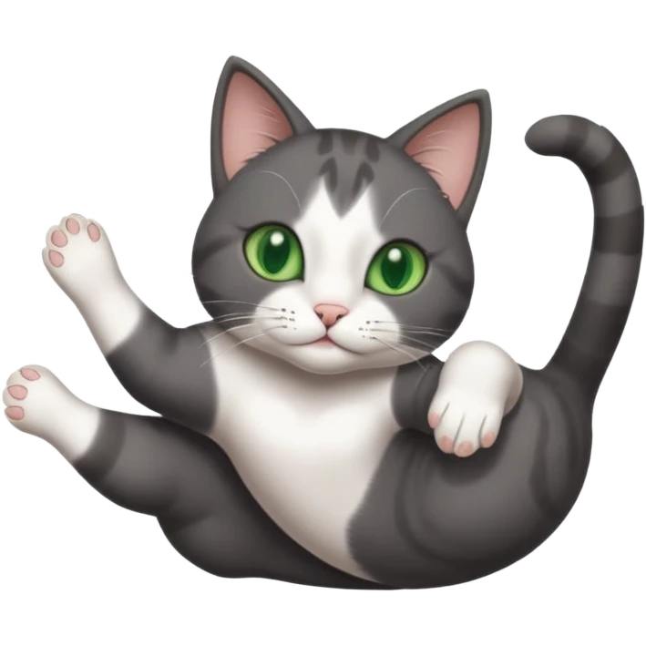 beautiful female solid dark grey cat with green eyes, white toes/paws and white patch on her chest playfully rolling upside down emoji