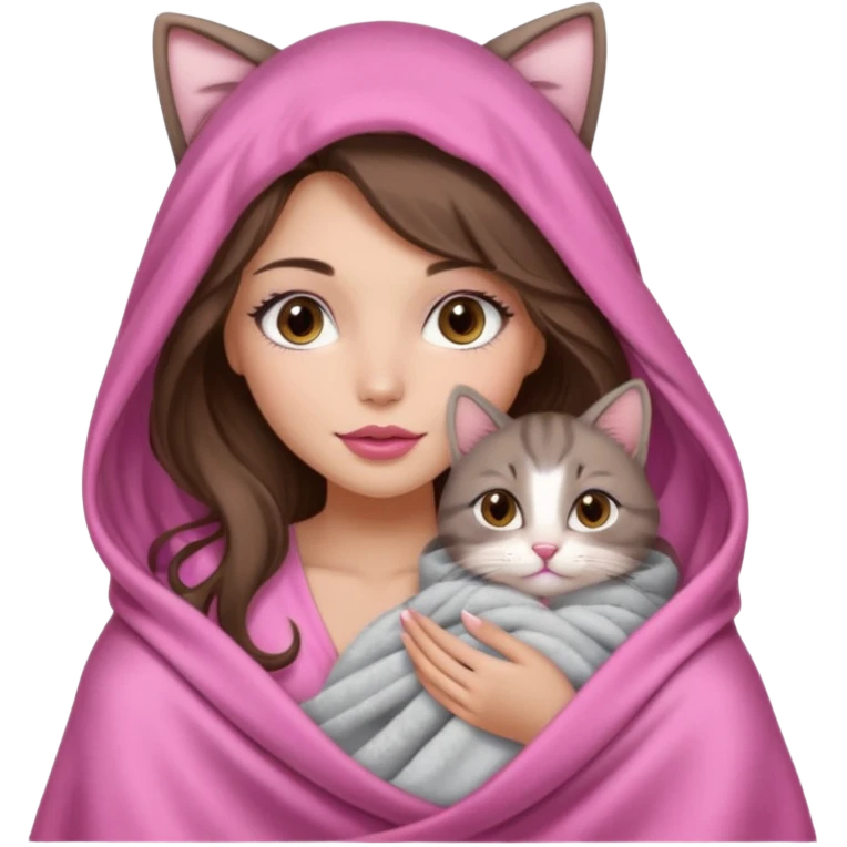 girl with long wavy brown hair, brown eyes, long lashes makeup, sexy pink lips, light to medium complexion, wearing a pink sexy silk top, big blanket over the head cozy holding a cat emoji
