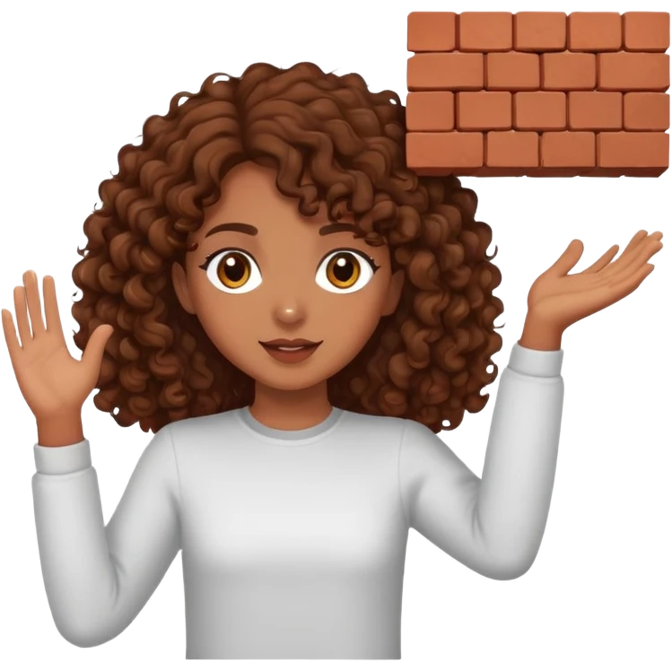 Brown curly haired girl with brown eyes throwing a brick emoji