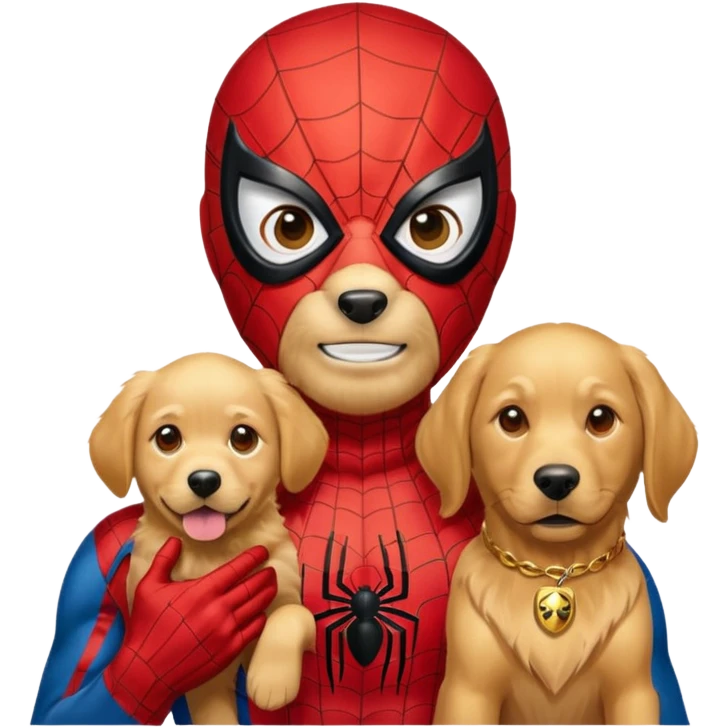 Spider-Man with Spider-Man mask and his golden retriever and his gold emoji