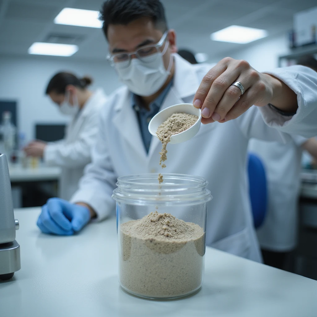 lab technician pouring dried pig thyroid powder into container for weighing and quality control, visible lab instruments, clear labels, clinical environment, hyperrealistic 4K emoji