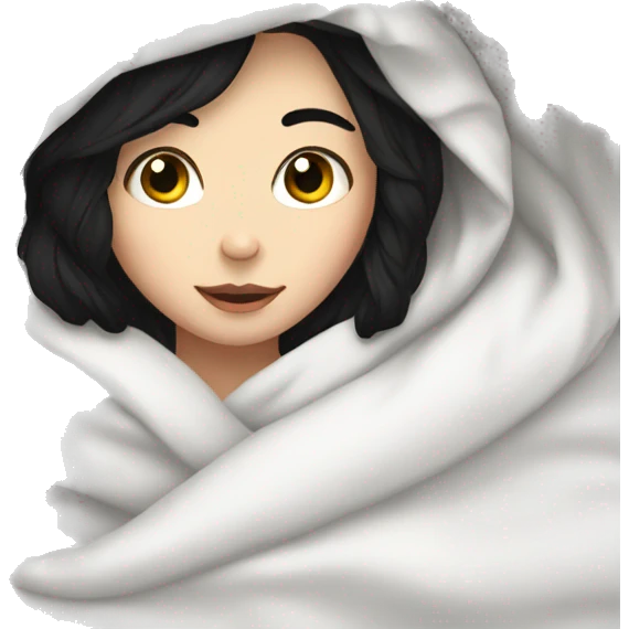 Pale Girl with black hair  laying down cozy in a white blanket emoji