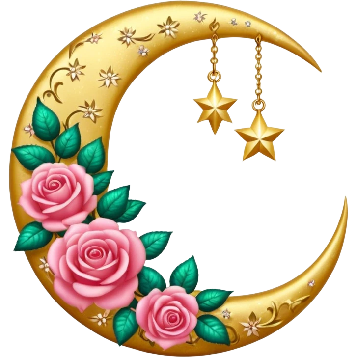 Romantic shiny sparkly glossy glittery vintage crescent damask moon with roses emoji