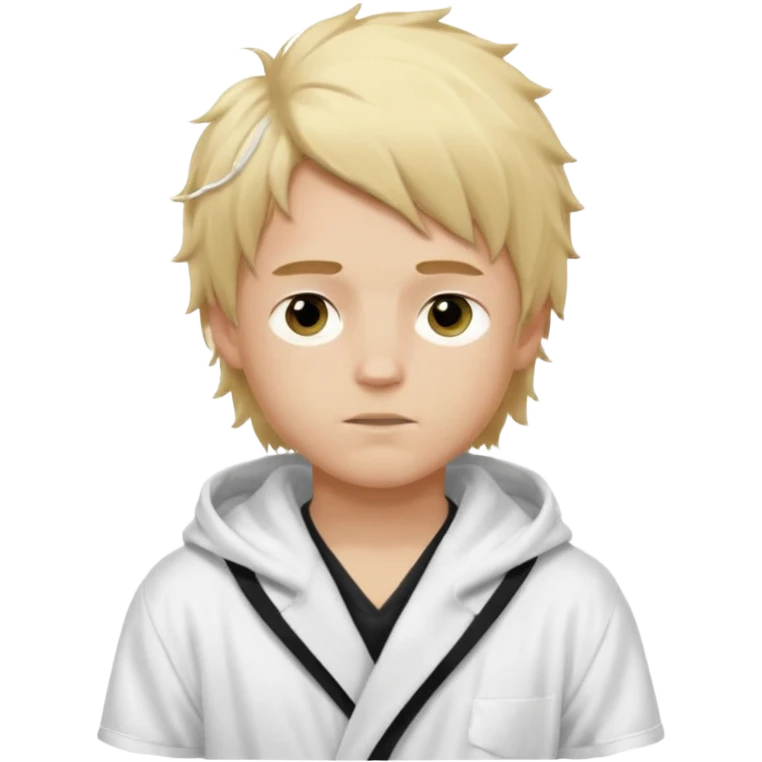 Create a blond boy with long, messy hair, light eyes, a white t-shirt, rich, with long hair, blue eyes, medium-length, voluminous hair, wearing a black Nike bathrobe and a little blush near his nose. and with a  balaclava, but showing her hair. emoji
