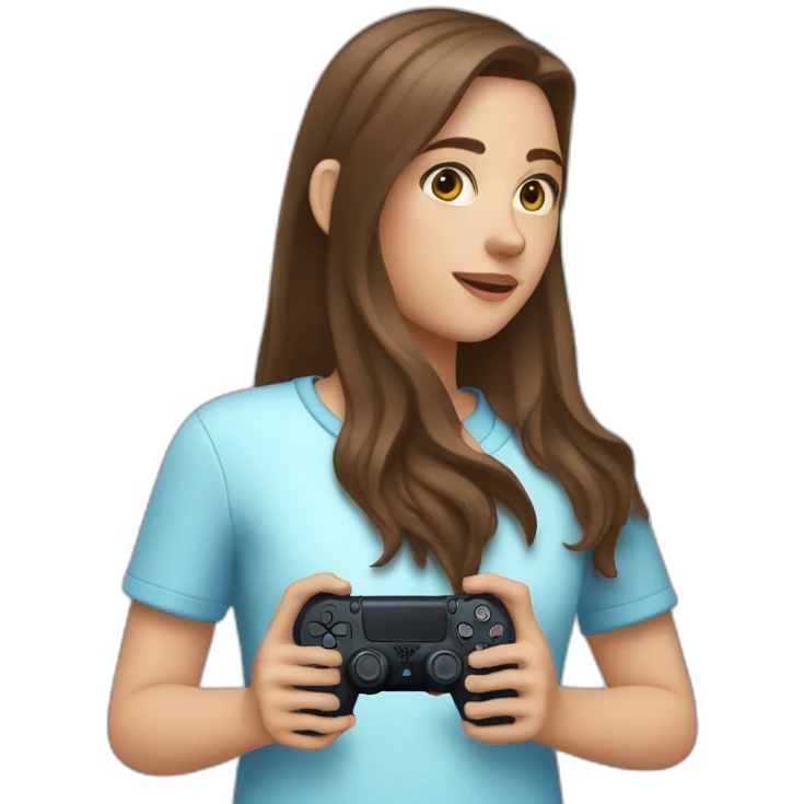 Caucasian Girl with long Brown hair holding the back of a playstation 4 controller looking at a screen emoji