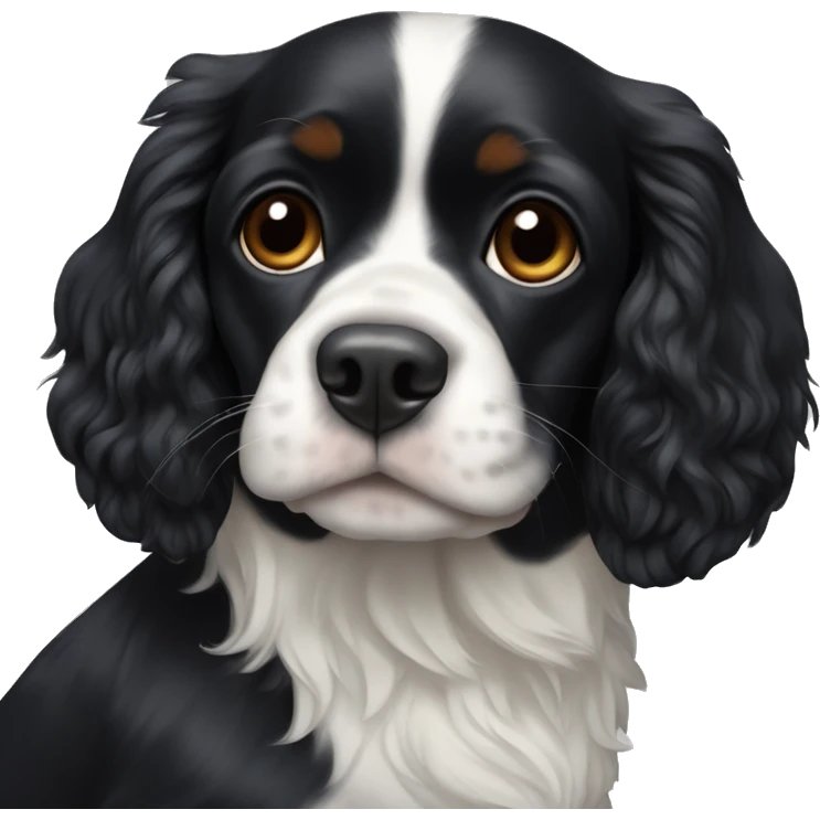 Small completely black king spaniel with black fur on his whole face and white stripe on chest emoji