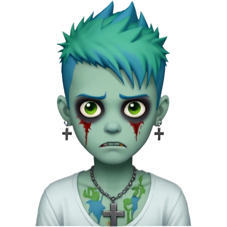 zombie boy with spiky emo blue hair and white shirt , tattos, a risk on the eyebrow, earings,  a necklace with a cross, green skin, shaggy, dark, spooky, creepy expression emoji  emoji