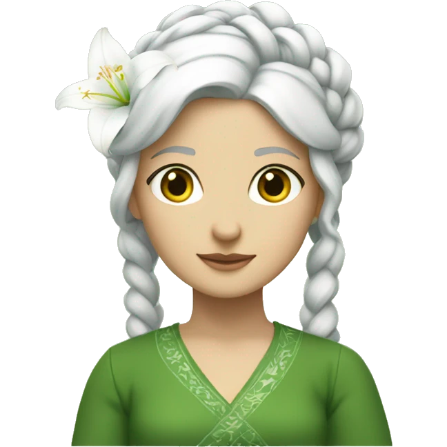 A white hair girl with a big braid and a white lily on the top left of the hair,a green dress made by lily leaves emoji