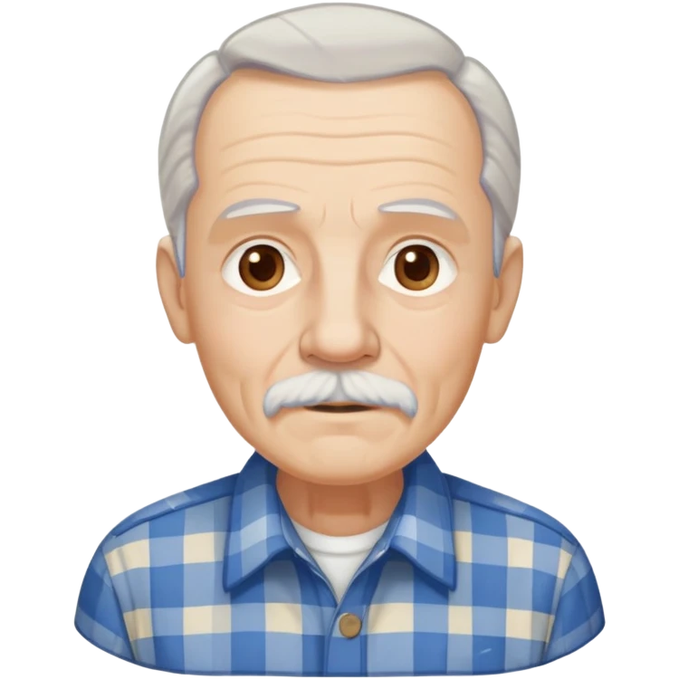 Elderly man with light skin. Elongated face with kind expression. Light brown eyes. Thin eyebrows. White goatee and white mustache. Gray-white hair combed back. Wearing a blue and beige checkered button-up shirt. emoji