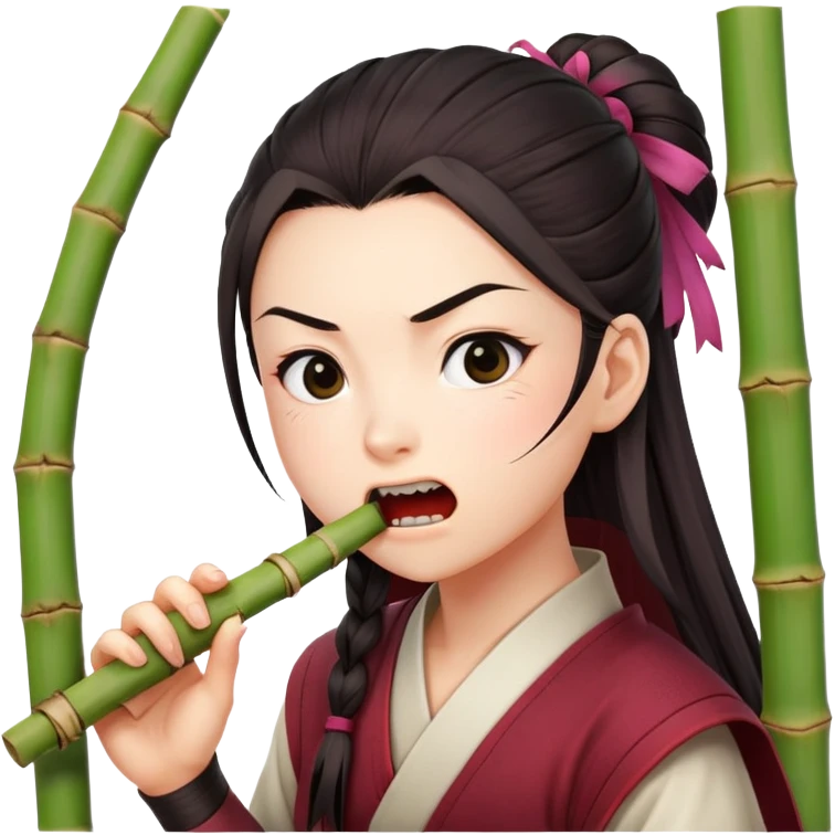 Nezuko with determined expression actively biting on bamboo piece in her mouth, teeth gripping the bamboo emoji
