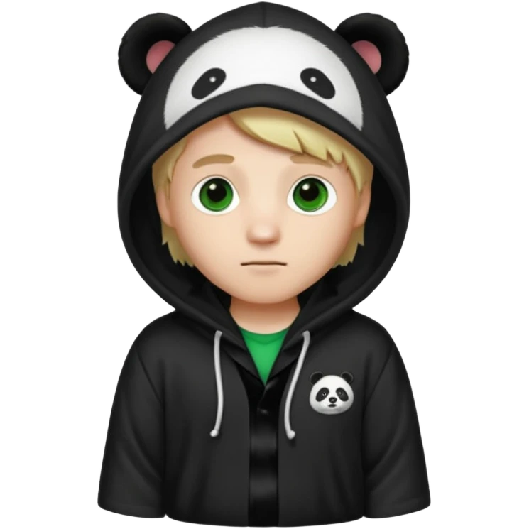A white man with green eyes, medium-length blond hair, wearing a panda hoodie and black pajama-like robes. emoji