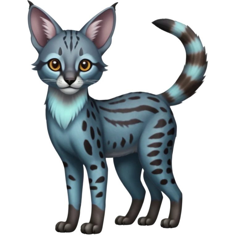 Realistic patterned marked edgy bluish greyish blackish whitish silvery Shiny Colorful Dusky Dark Glossy Genet-Caracal-Lion-Bobcat-fusion-animal-hybrid-creature, full body, tufted ears, long thin tufted tail emoji
