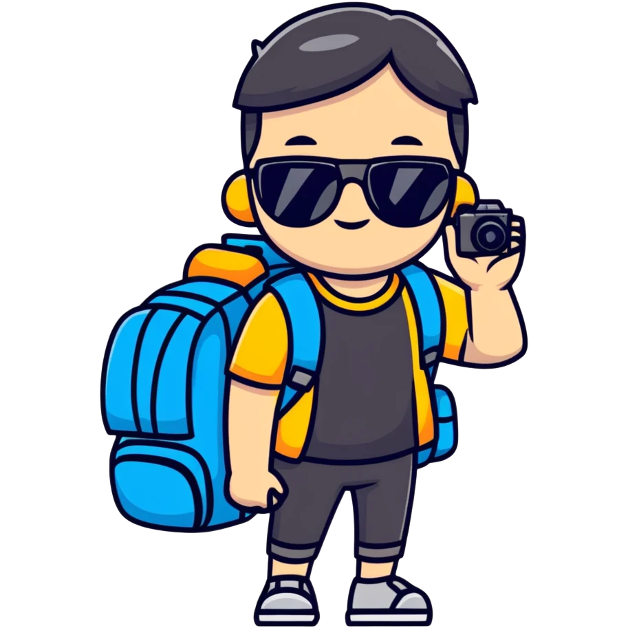 Asian tourist with backpack taking photos, sunglasses emoji