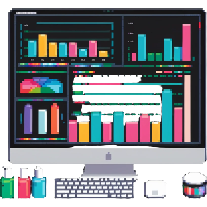 iMac computer with colorful bar charts and beauty products inside the screen emoji