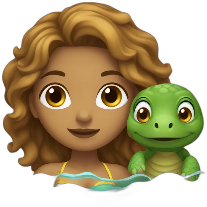 Indian woman with light brown skin and wavy hair swimming with a turtle emoji