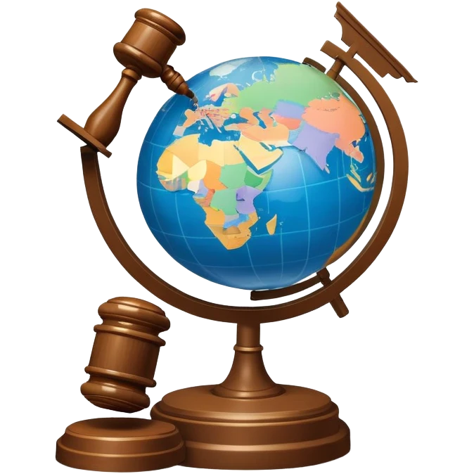 An icon featuring a globe with a gavel and a political map, symbolizing political science. The design includes a ballot box and a podium, representing democracy and governance. Transparent background highlights the study of political systems and global relations. emoji