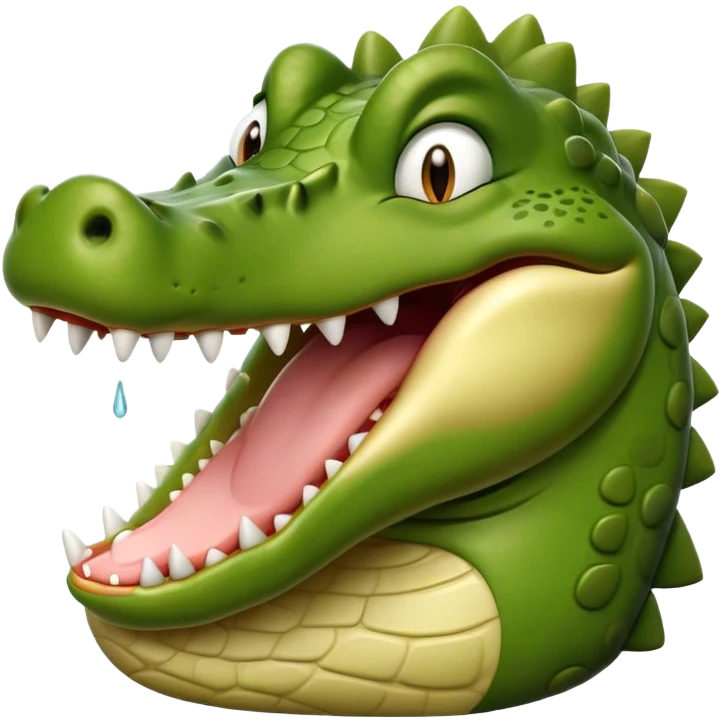 Cinematic Realistic Cute Yawning Crocodile Portrait Emoji, Head tilted slightly with a dramatic, wide-open yawn, showcasing a soft, textured olive-green hide with gently drooping jaws and half-closed, drowsy eyes rendered in exquisite natural detail, high shine, relaxed yet expressive, styled with a dash of primal charm, soft glowing outline, capturing the essence of a sleepy yet affectionate crocodile that appears ready to stretch out and drift into a deep, ancient slumber! emoji