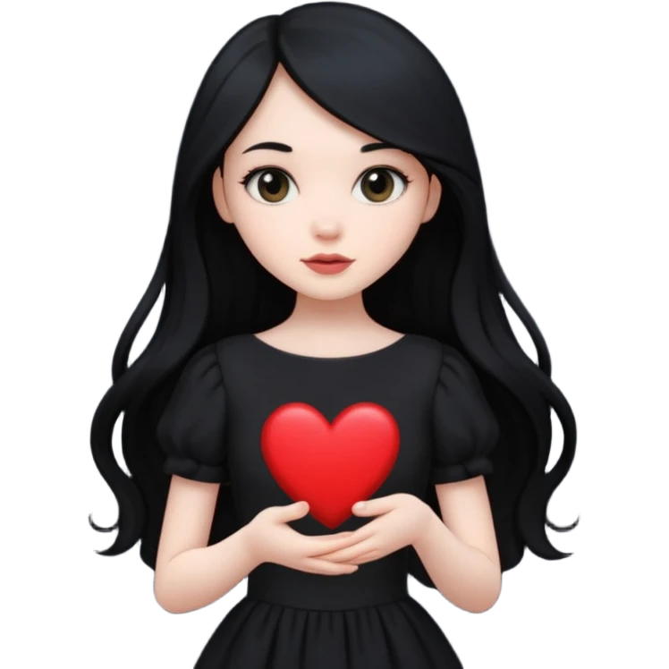 Pale girl with long black hair and black dress with holding black heart emoji