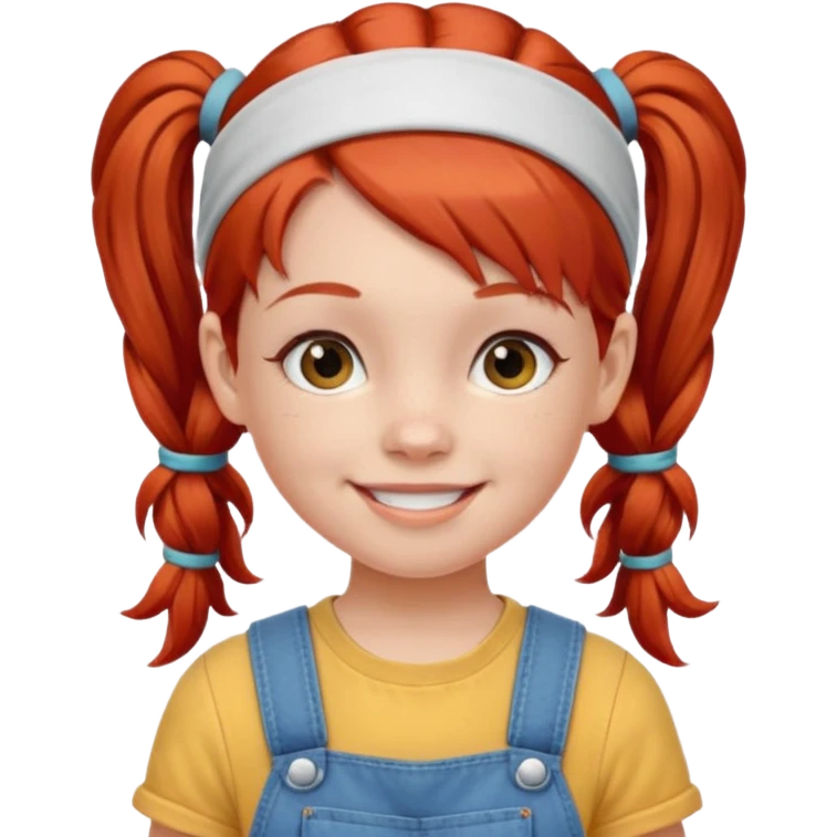 10 year old girl emoji, red hair in pigtails, wearing a headband and overalls, friendly look emoji