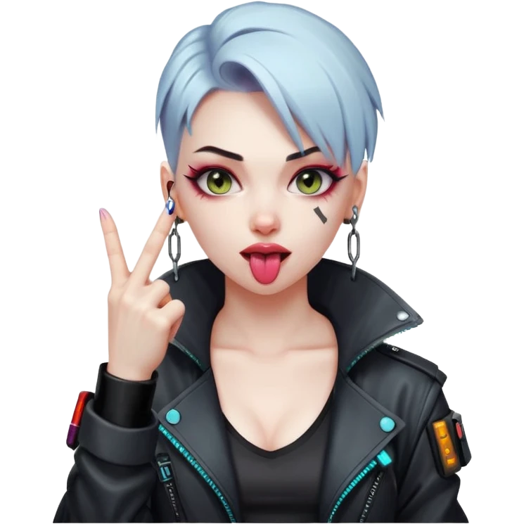 Woman with her tongue out in cyberpunk clothing and giving the middle finger. Looking naughty. emoji