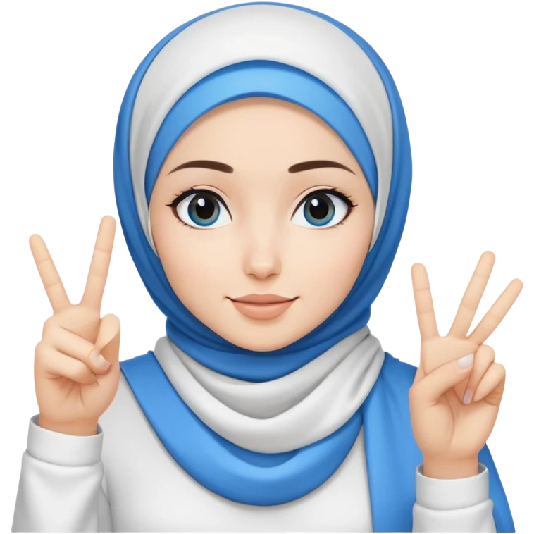 White hijab girl wearing white tshirt and blue black hijab doing peace sign emoji