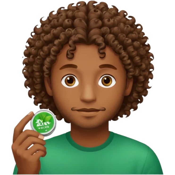 Man with Curley brown hairholding Zyn spearmint snus emoji
