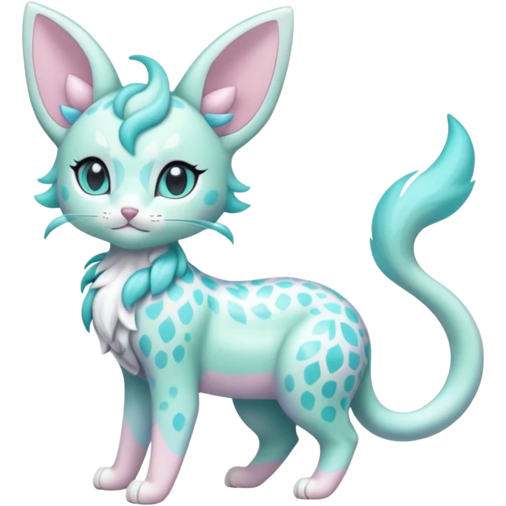 Pastel Mint-Aqua Soft-Iridescent Gentle Floral-Patterned Feline Sylveon-Liepard-hybrid-creature (full body) emoji