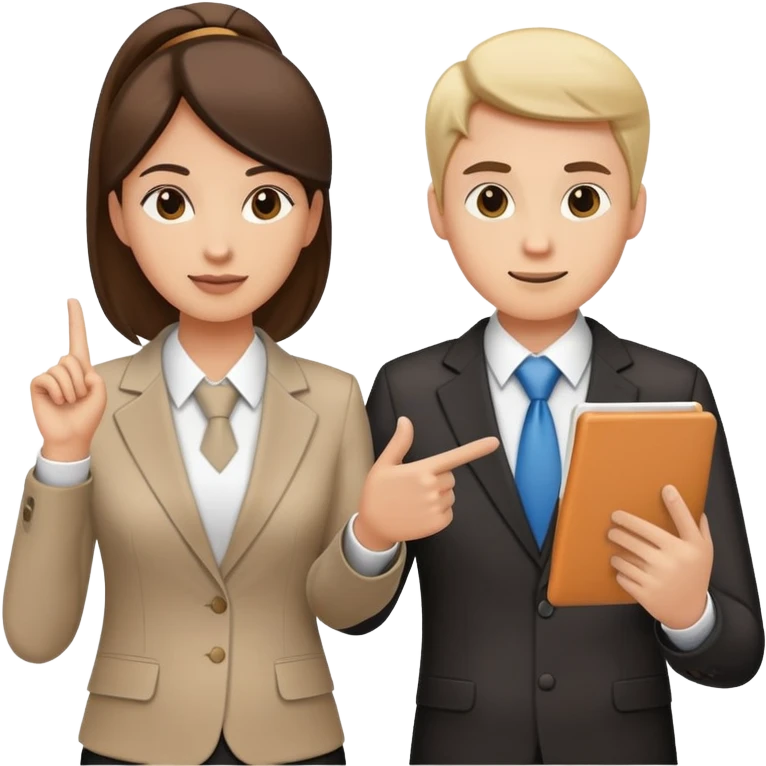 two team members facing each other, one holding a notepad and the other gesturing, in a collaborative pose emoji
