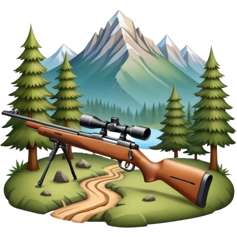 Icon for Hunting Tourism: hunting rifle, surrounded by nature elements like trees, mountains, and wildlife tracks. The icon should represent the adventure and exploration of hunting tourism. Transparent background. emoji