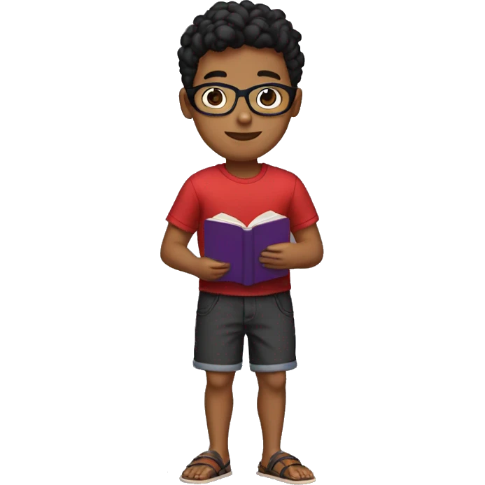 a brown boy in a red and black shirt, blue shorts, wearing sandals, short hair and black glasses, holding a purple book emoji