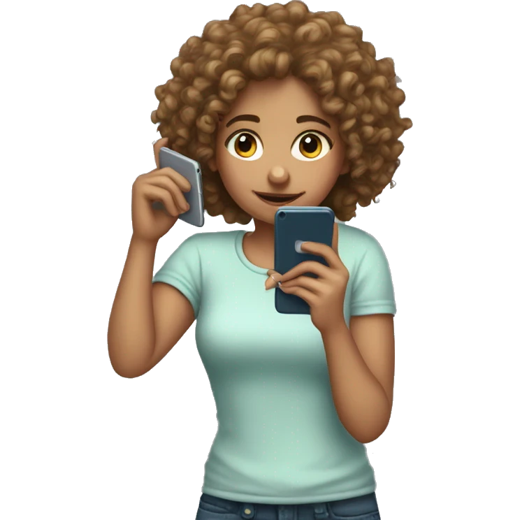 a curly haired girl looking down at the phone in her hand emoji