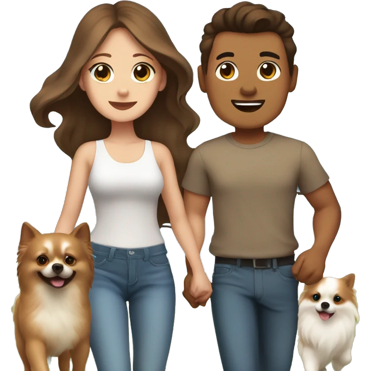 Filipino guy and his white girlfriend with blue eyes and brown hair walking their 5 Pomeranian dogs  emoji