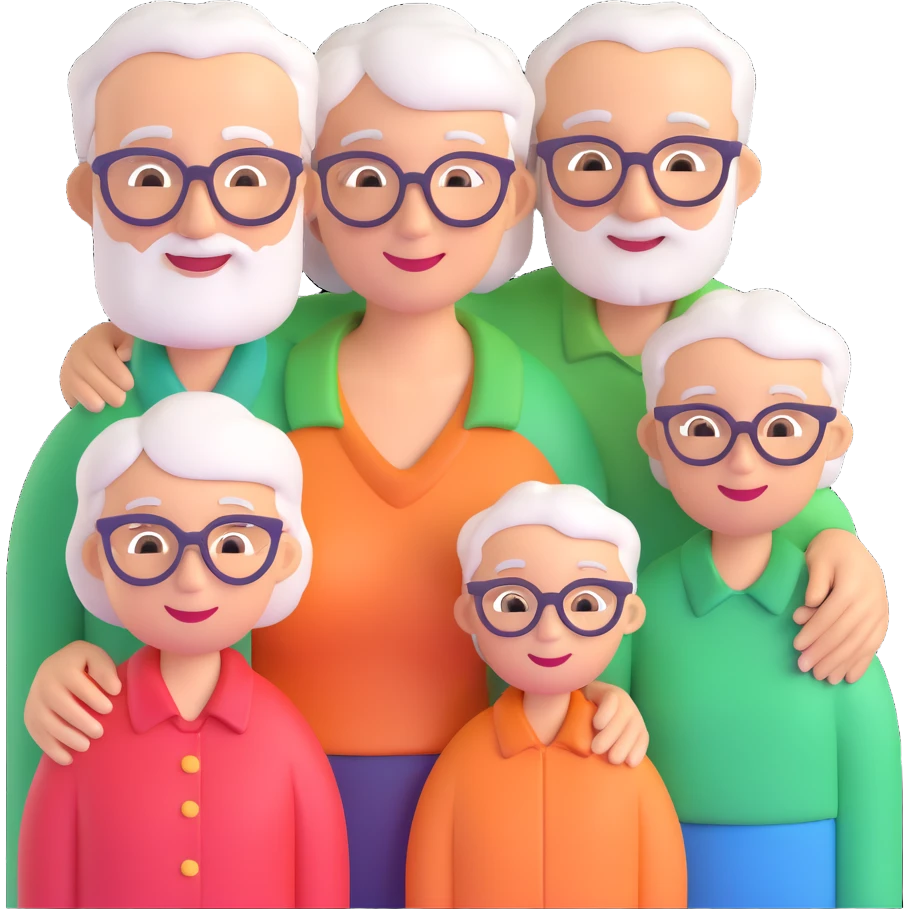 3D icon of a family: multigenerational (grandparent, parent, child), grouped together, supportive and loving emoji