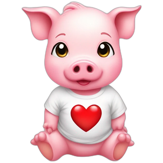 A pink baby pig with a white t-shirt on which there is a red heart, emoji